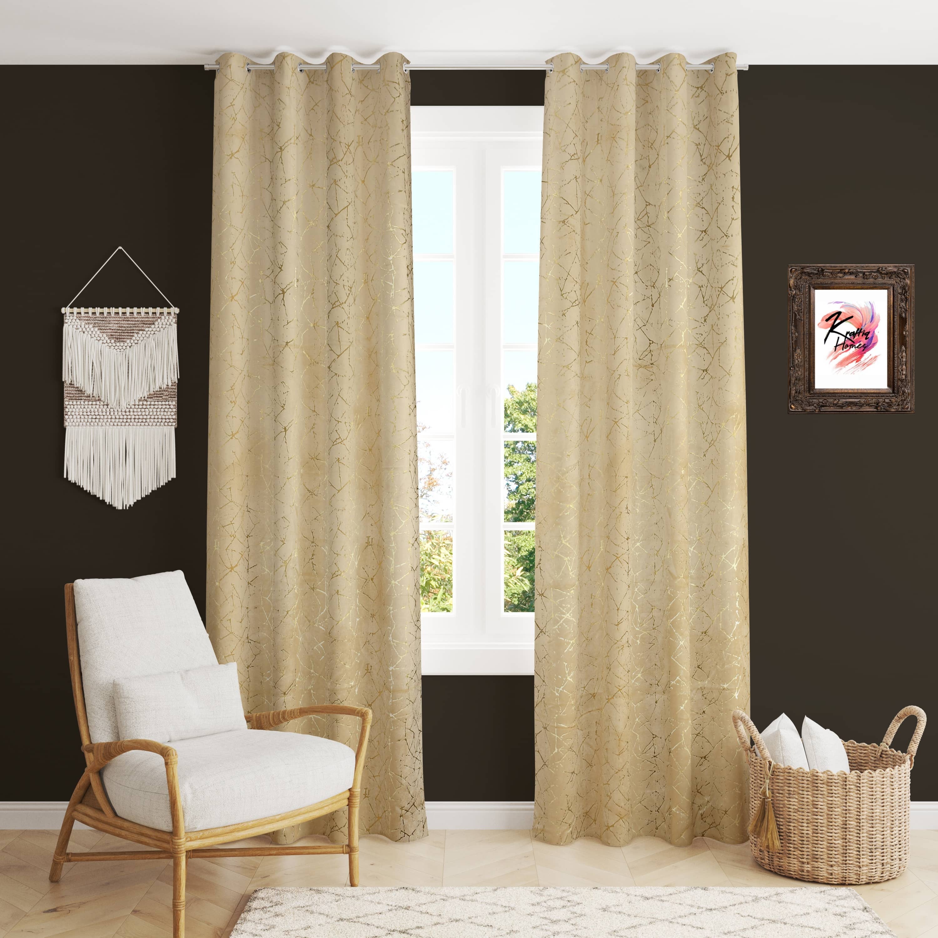 Kraftiq Homes Abstract Room Darkening Eyelet Curtain 7 ft ( Pack of 2 ) - Cream