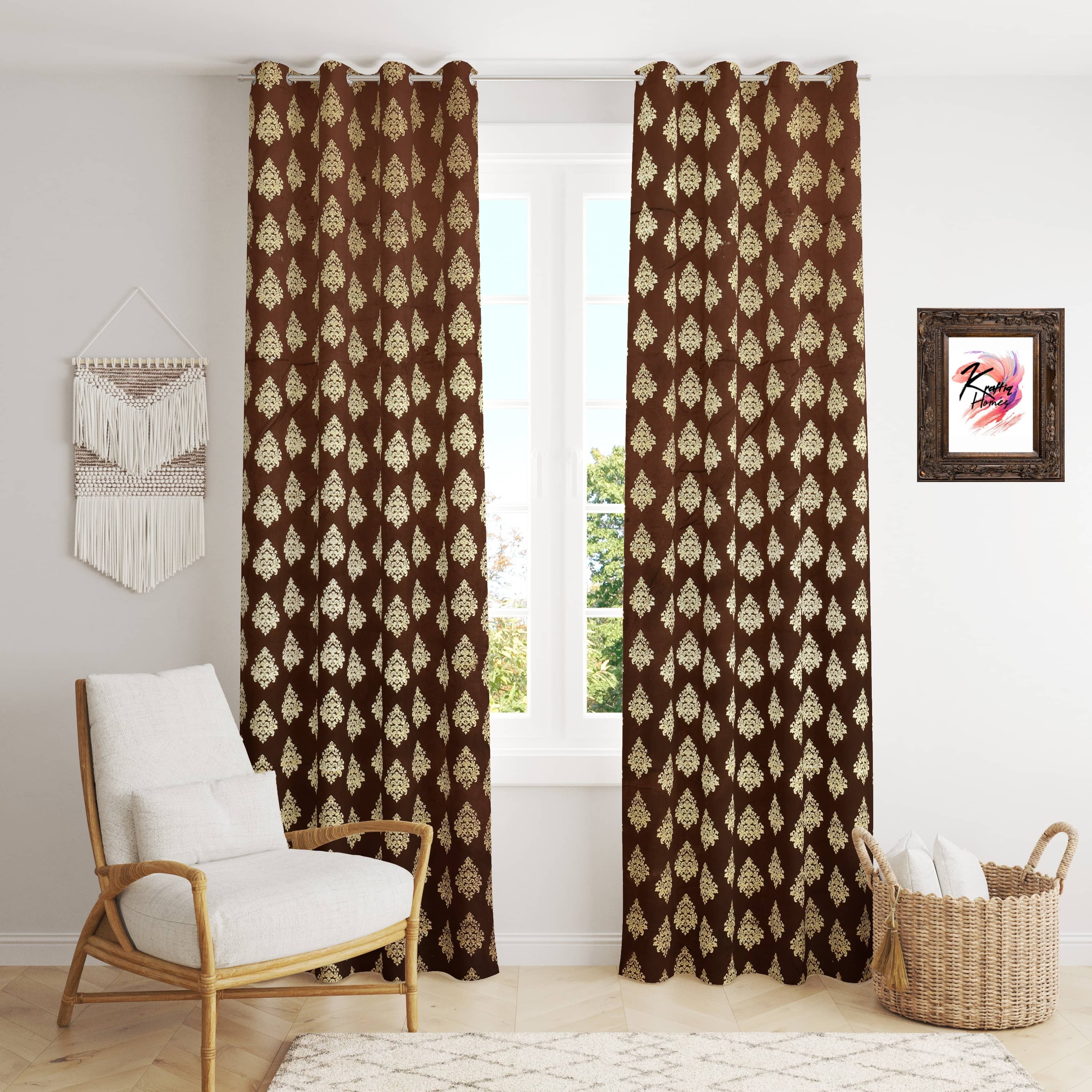 Kraftiq Homes Floral Room Darkening Eyelet Curtain 9 ft ( Pack of 2 ) - Coffee