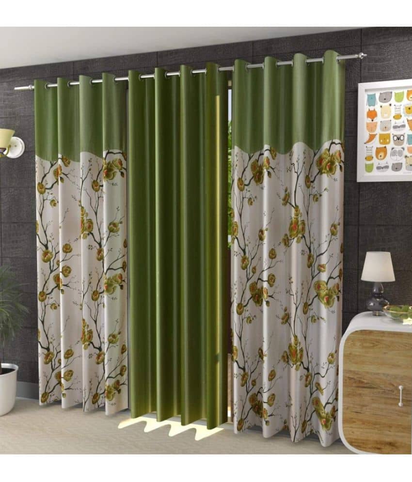 Kraftiq Homes Floral Semi-Transparent Eyelet Curtain 9 ft ( Pack of 3 ) - Green