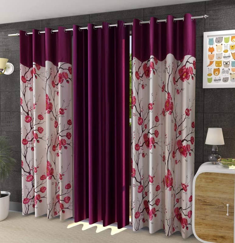 Kraftiq Homes Floral Semi-Transparent Eyelet Curtain 5 ft ( Pack of 3 ) - Wine