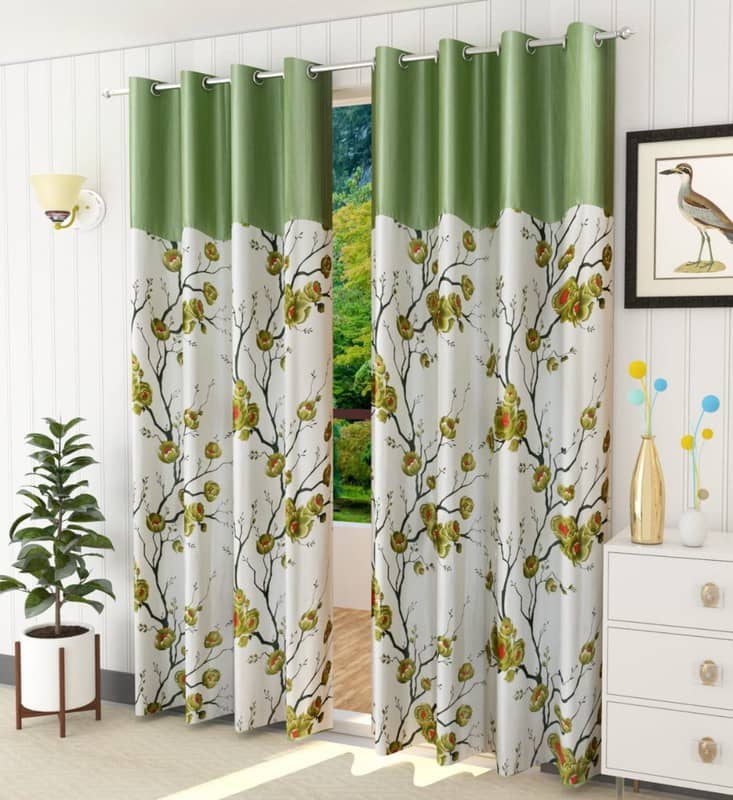 Kraftiq Homes Floral Semi-Transparent Eyelet Curtain 9 ft ( Pack of 2 ) - Green