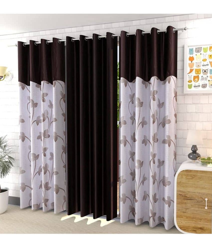 Kraftiq Homes Floral Semi-Transparent Eyelet Curtain 7 ft ( Pack of 3 ) - Brown