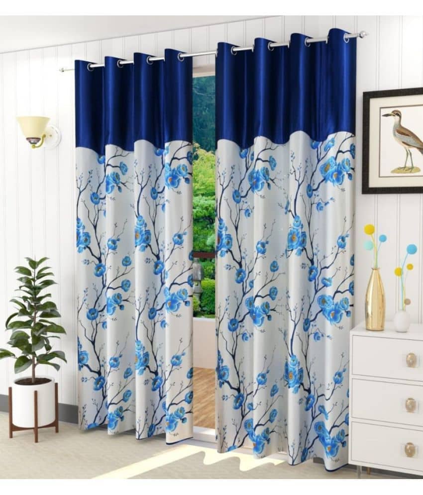 Kraftiq Homes Floral Semi-Transparent Eyelet Curtain 7 ft ( Pack of 2 ) - Light Blue