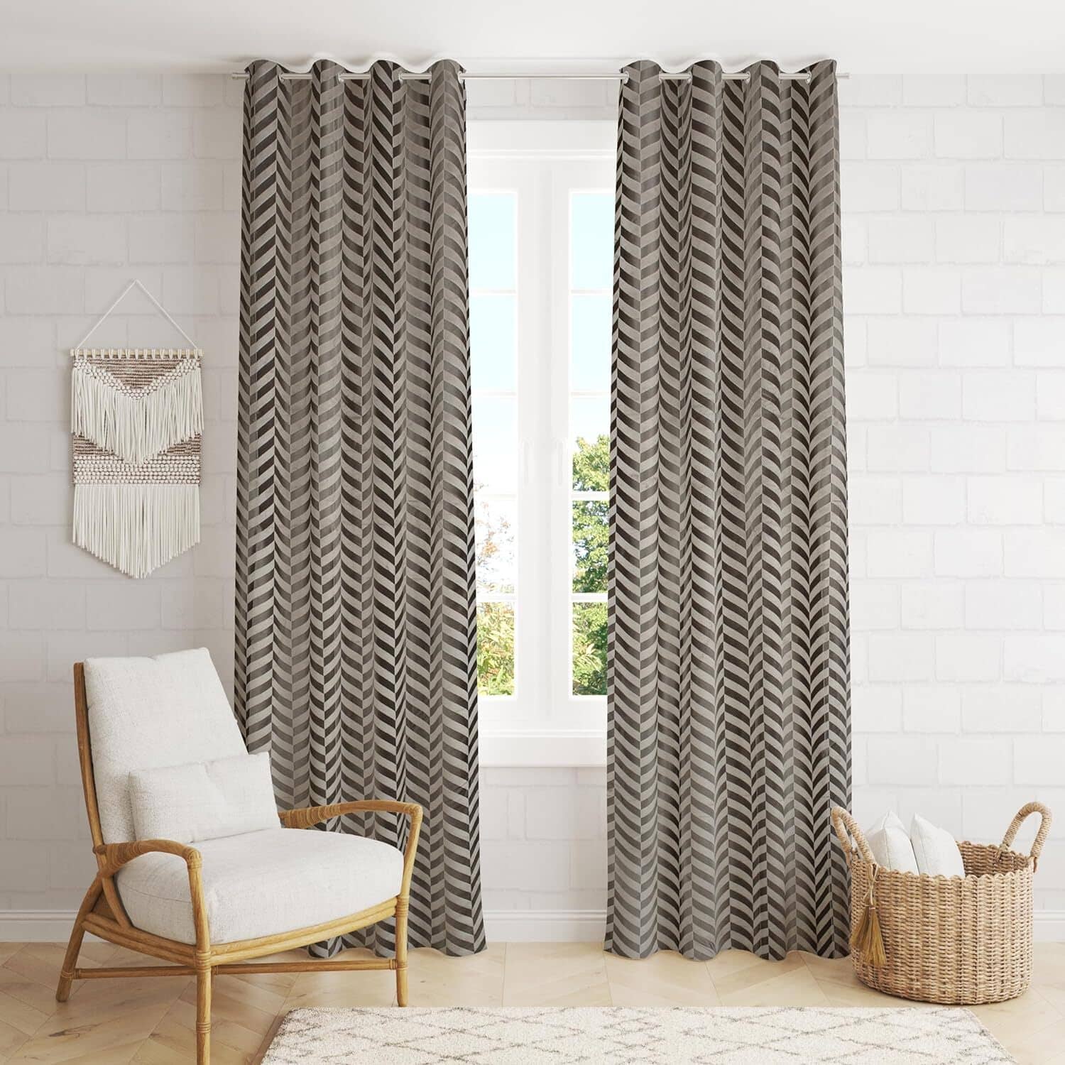 Kraftiq Homes Geometric Room Darkening Eyelet Curtain 7 ft ( Pack of 2 ) - Light Grey