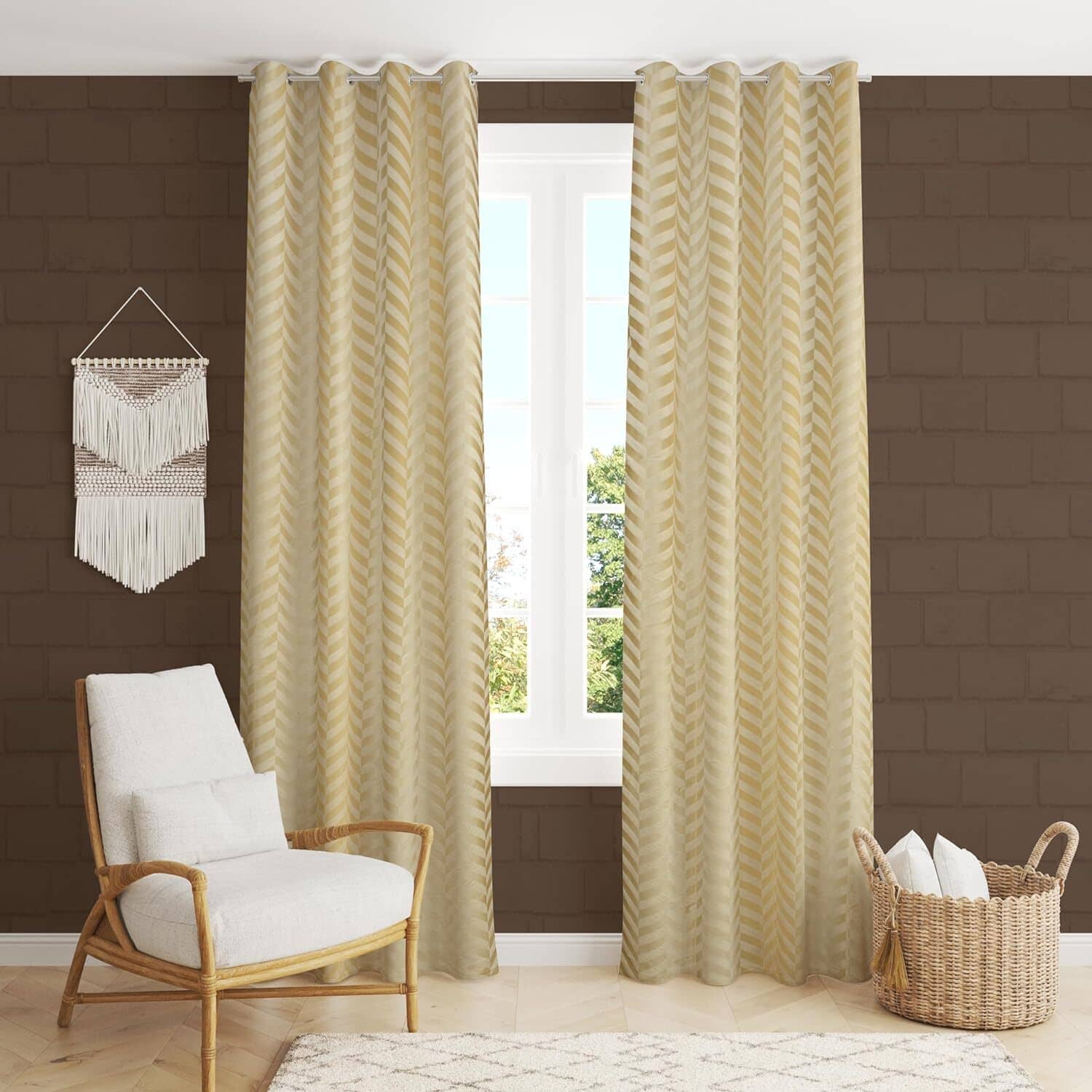 Kraftiq Homes Geometric Room Darkening Eyelet Curtain 9 ft ( Pack of 2 ) - Cream