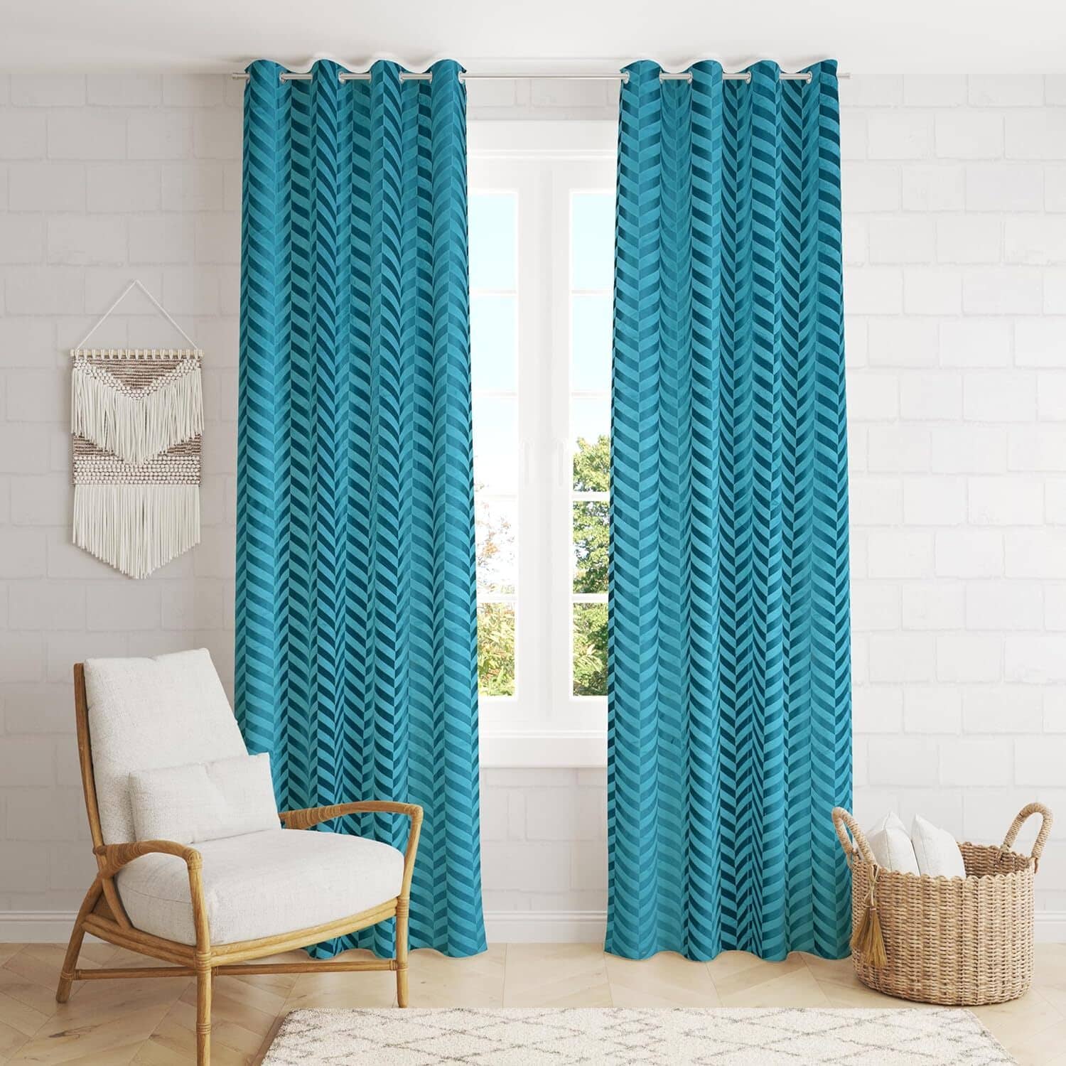 Kraftiq Homes Geometric Room Darkening Eyelet Curtain 7 ft ( Pack of 2 ) - Light Blue