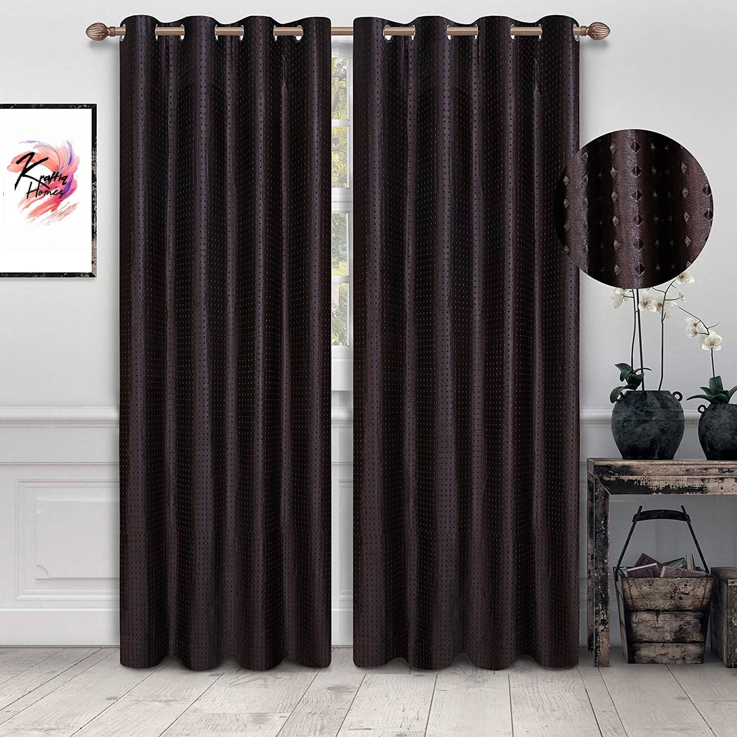 Kraftiq Homes Solid Room Darkening Eyelet Curtain 7 ft ( Pack of 2 ) - Brown
