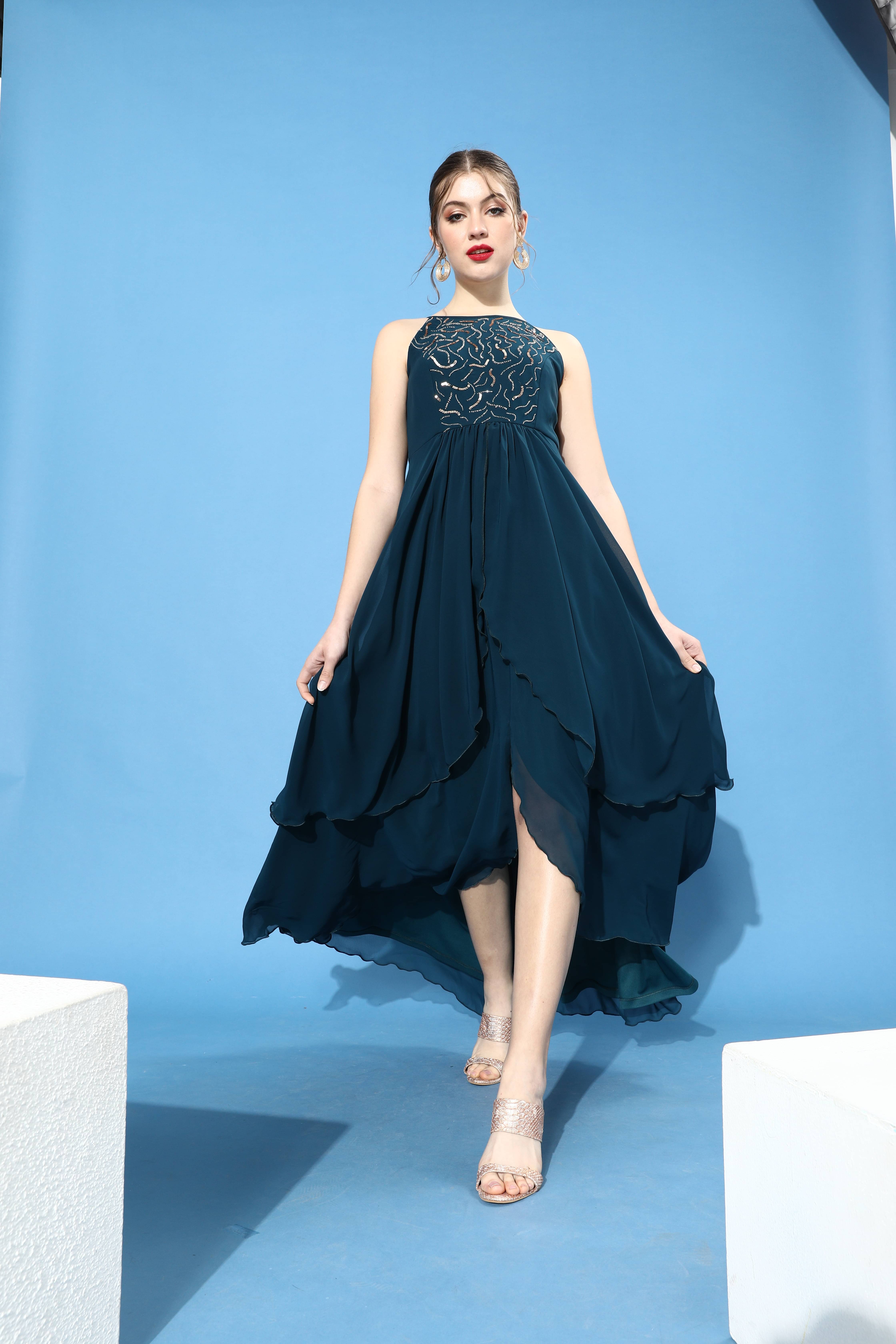 Miss Chase Women Georgette Embellished Asymmetric Dress ( Teal ) Miss Chase Women Georgette Embellished Asymmetric Dress ( Teal )