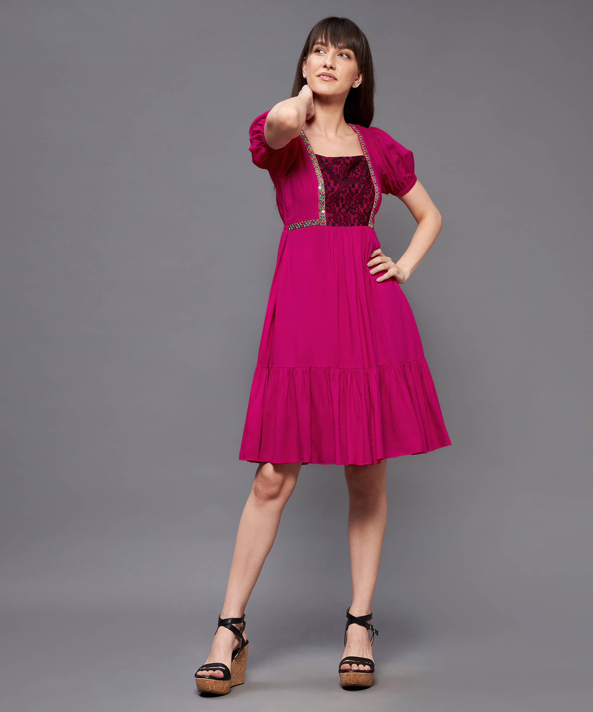 Miss Chase Women Rayon Embroidered Fit & Flare Dress ( Pink ) Miss Chase Women Rayon Embroidered Fit & Flare Dress ( Pink )