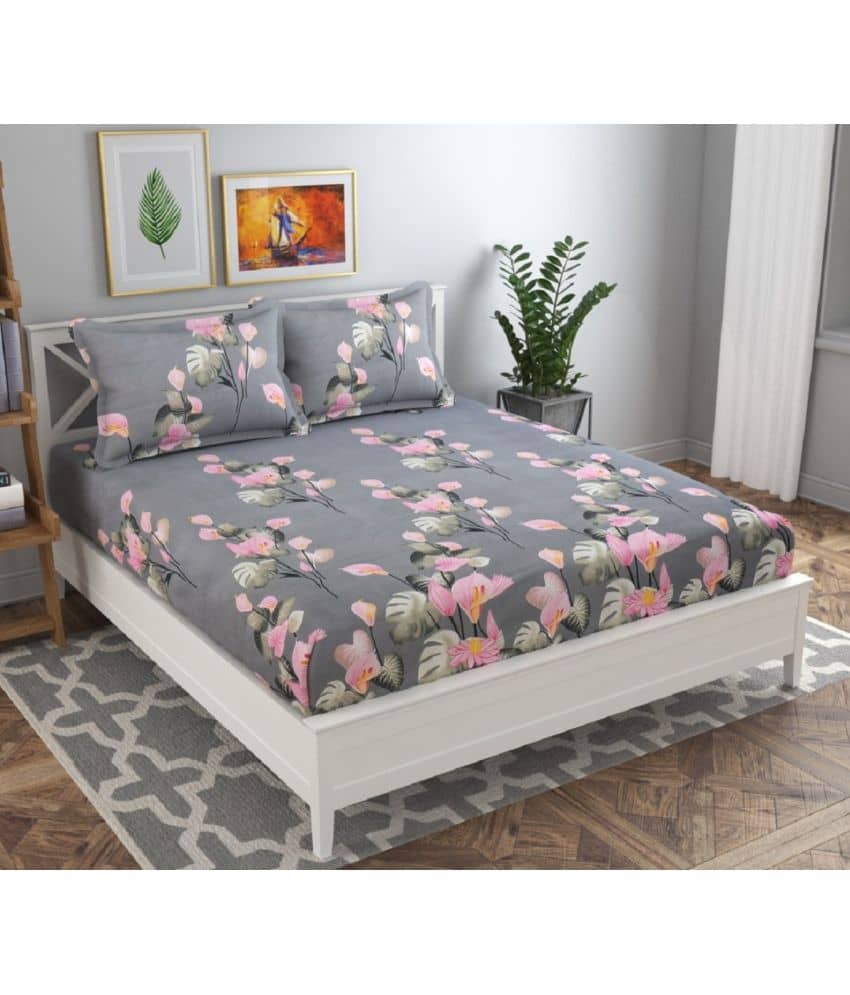 Neekshaa Cotton Floral Fitted Fitted bedsheet with 2 Pillow Covers ( Double Bed ) - Gray