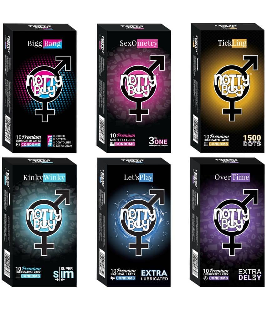 NottyBoy Assorted Pack 4 IN 1 & 3 IN 1, Ribbed, 1500 Dots, Contour, Long Time, Ultra Thin, Extra Lubricated Condoms For Men -  60 Units