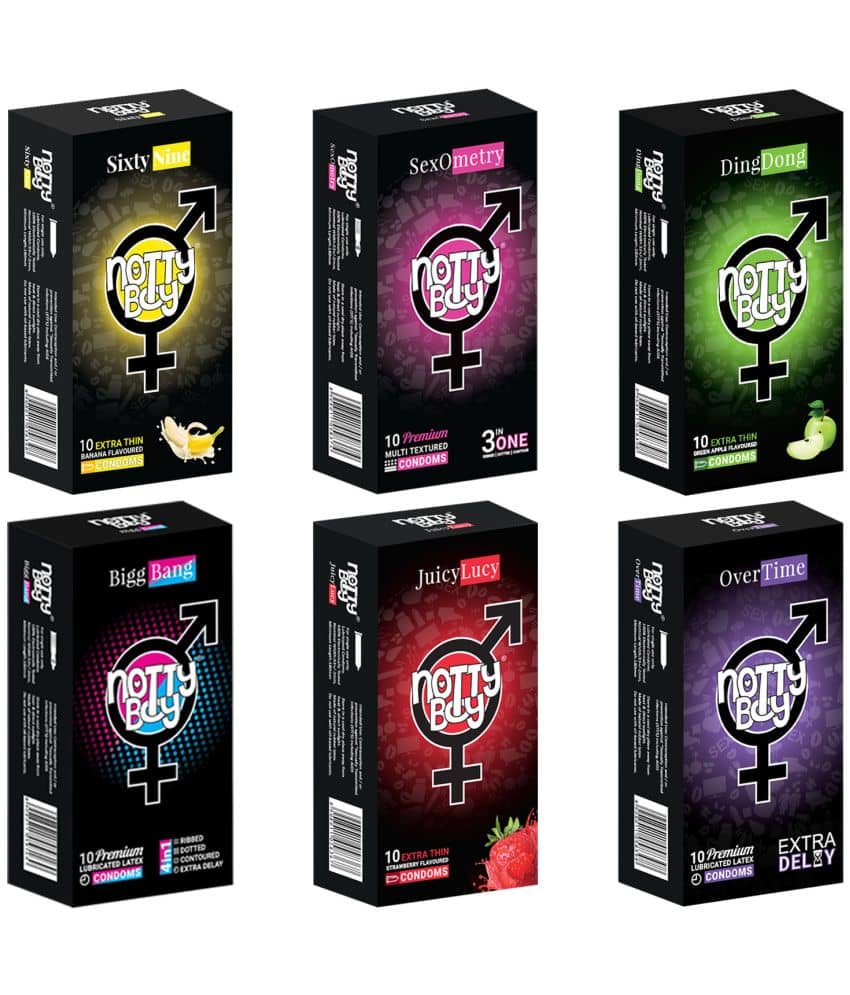 NottyBoy Family Pack Combo Ribs Dots Contour Extra Delay Strawberry Banana and Fruit Flavour Condoms - 60 Pcs