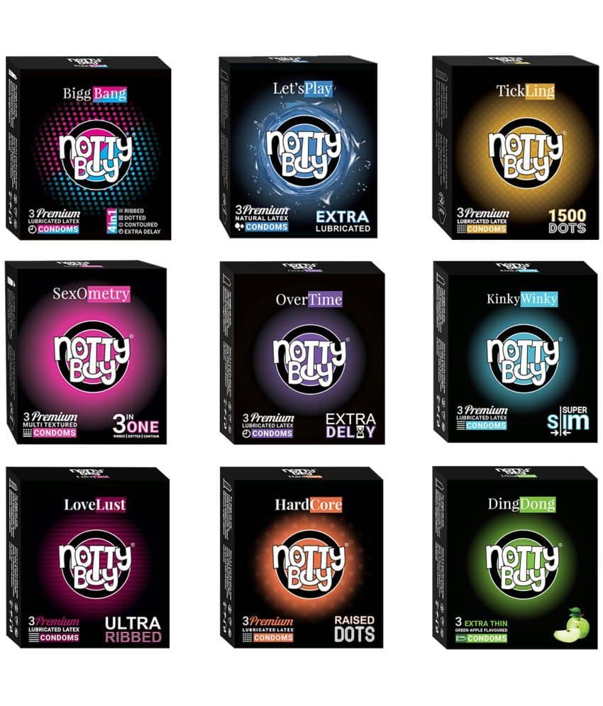 NottyBoy Honeymoon Mix Combo Pack Condom - 1500 Dots, Extra Lubricated, Extra Delay, Super Thin, Ultra Ribbed, Raised Dots, and Fruits Flavoured Condoms - (Set of 9, 27 Sheets)