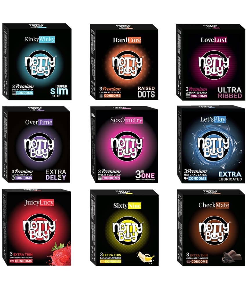 NottyBoy Honeymoon Pack Banana, Chocolate, Strawberry Flavour, 3IN1, Raised Dots, Ultra Ribbed, Long Time, Contoured, More Thin & Lubricated Condoms- 27 Units