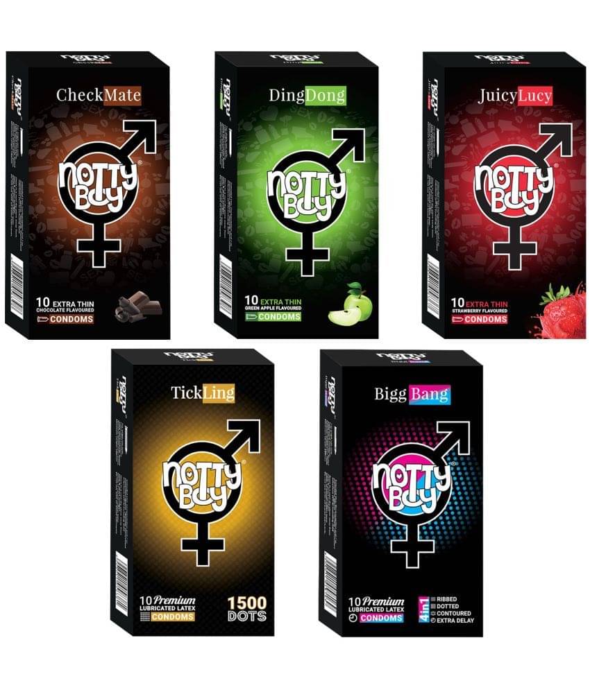 NottyBoy Mixed Variety, 1500 Dots, Chocolate, Strawberry, Fruit Flavour and 4IN1 Ribbed, Contour, Long Time Condoms - 50 Units NottyBoy Mixed Variety, 1500 Dots, Chocolate, Strawberry, Fruit Flavour and 4IN1 Ribbed, Contour, Long Time Condoms - 50 Units