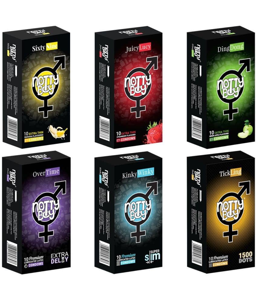 NottyBoy Variety Combo Pack Extra Dotted Slim Over Time Banana Strawberry and Fruit Flavour Condoms - 60 Pcs