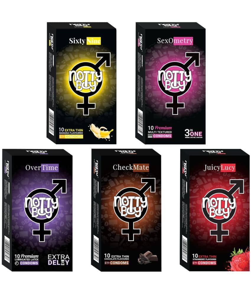 NottyBoy Variety Combo Pack Extra Time, Ribbed,  Dotted,  Contour, Banana, Chocolate and Fruit Flavour Condoms - 50 Units