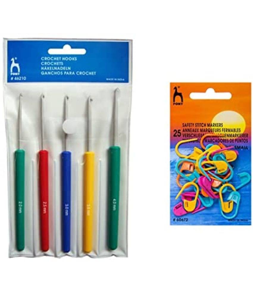     			PONY Knitting Crochet Hooks Needle Set of 5, Ergonomic Knitting Needle Set with Crochet Locking Stitch Markers(25 Pcs), Soft Grip Handles Hooks 2.0mm-4.0mm Length 14cm