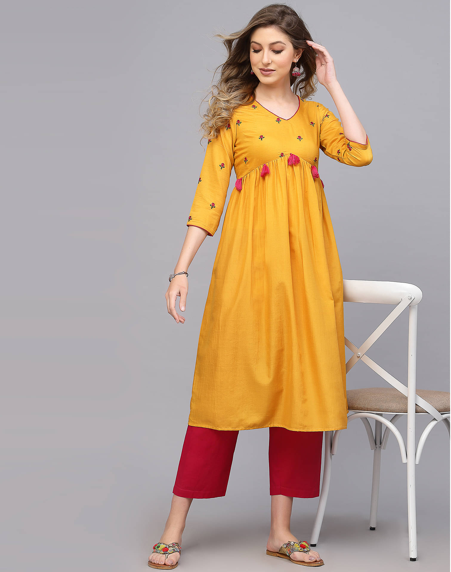     			Skylee Chiffon Embroidered A-line Women's Kurti - Mustard ( Pack of 1 )