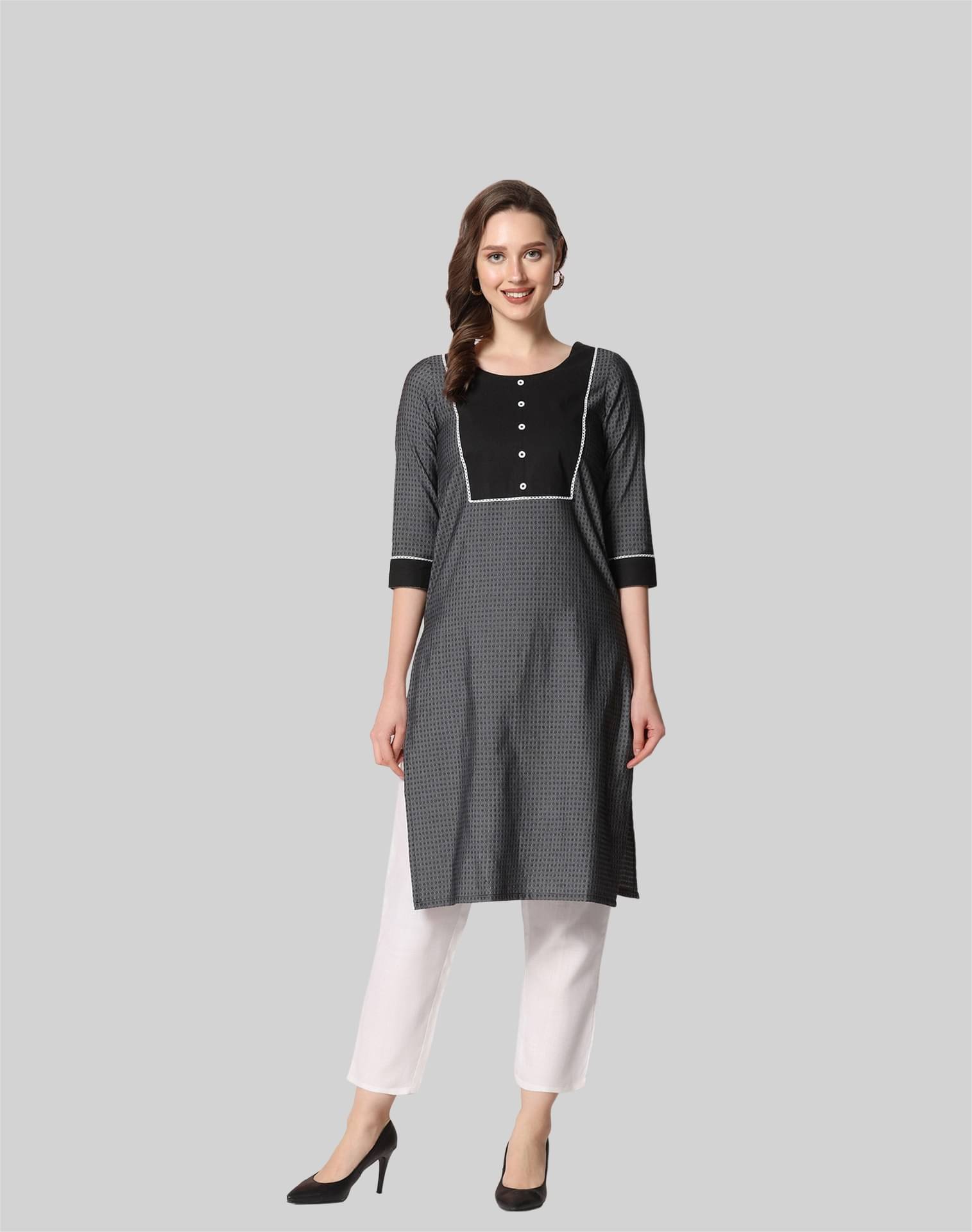Skylee Cotton Blend Self Design A-line Women's Kurti - Grey ( Pack of 1 ) Skylee Cotton Blend Self Design A-line Women's Kurti - Grey ( Pack of 1 )