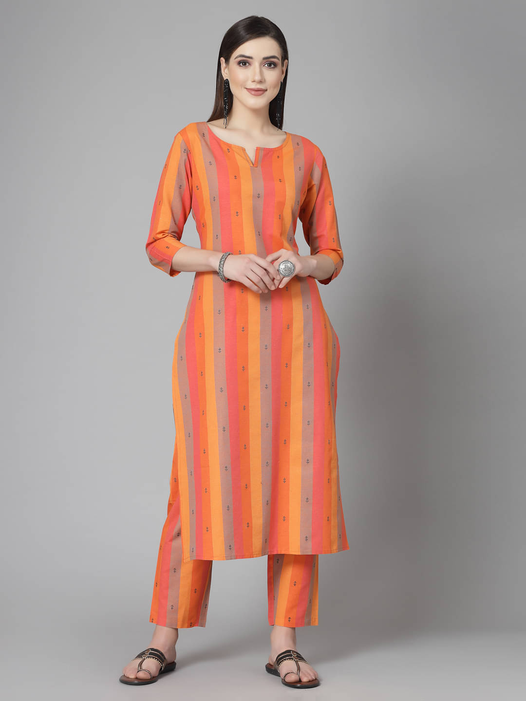     			Stylum Cotton Blend Printed Kurti With Pants Women's Stitched Salwar Suit - Orange ( Pack of 1 )