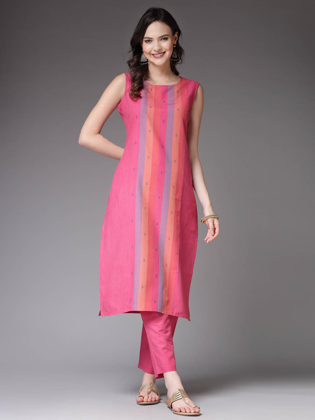     			Stylum Cotton Blend Printed Kurti With Pants Women's Stitched Salwar Suit - Pink ( Pack of 1 )