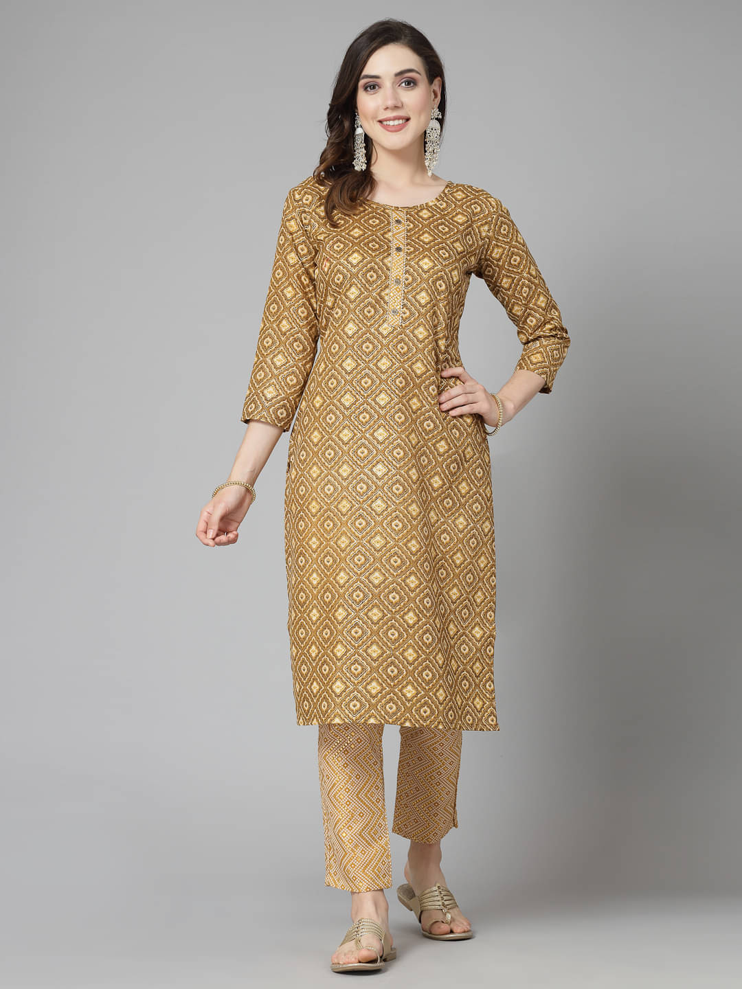 Stylum Cotton Blend Printed Kurti With Pants Women's Stitched Salwar Suit - Brown ( Pack of 1 ) Stylum Cotton Blend Printed Kurti With Pants Women's Stitched Salwar Suit - Brown ( Pack of 1 )