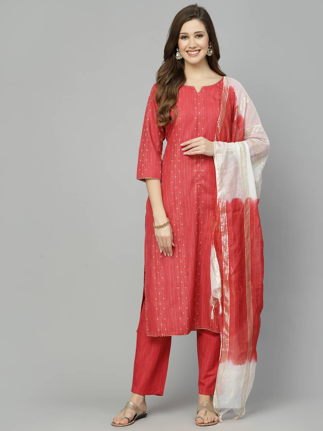 Stylum Cotton Blend Striped Kurti With Pants Women's Stitched Salwar Suit - Red ( Pack of 1 )     			Stylum Cotton Blend Striped Kurti With Pants Women's Stitched Salwar Suit - Red ( Pack of 1 )