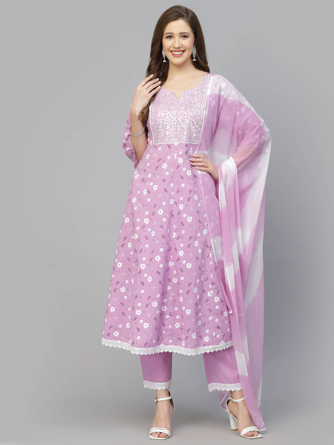     			Stylum Cotton Printed Kurti With Pants Women's Stitched Salwar Suit - Lavender ( Pack of 1 )
