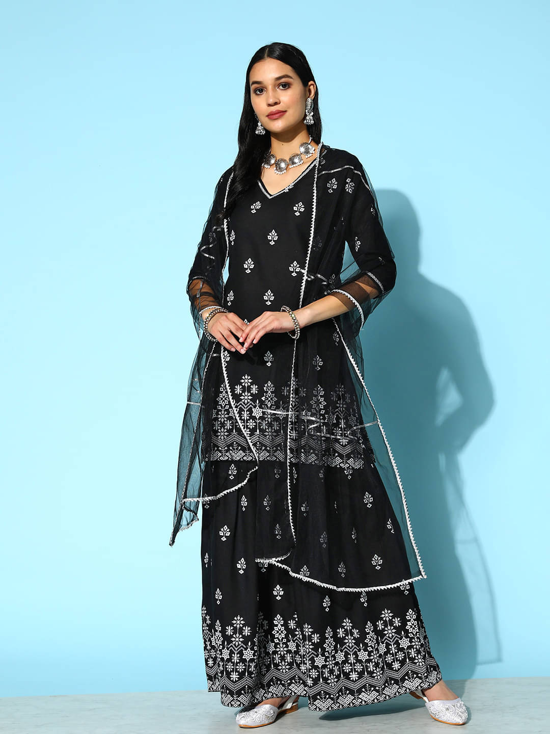 Stylum Rayon Embellished Kurti With Sharara And Gharara Women's Stitched Salwar Suit - Black ( Pack of 1 ) Stylum Rayon Embellished Kurti With Sharara And Gharara Women's Stitched Salwar Suit - Black ( Pack of 1 )