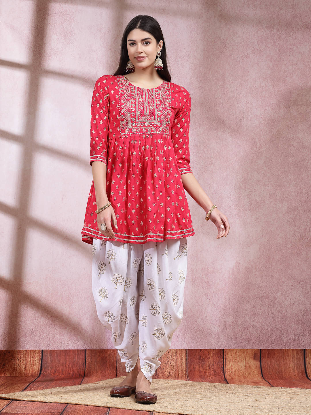     			Stylum Rayon Embellished Kurti With Dhoti Pants Women's Stitched Salwar Suit - Pink ( Pack of 1 )