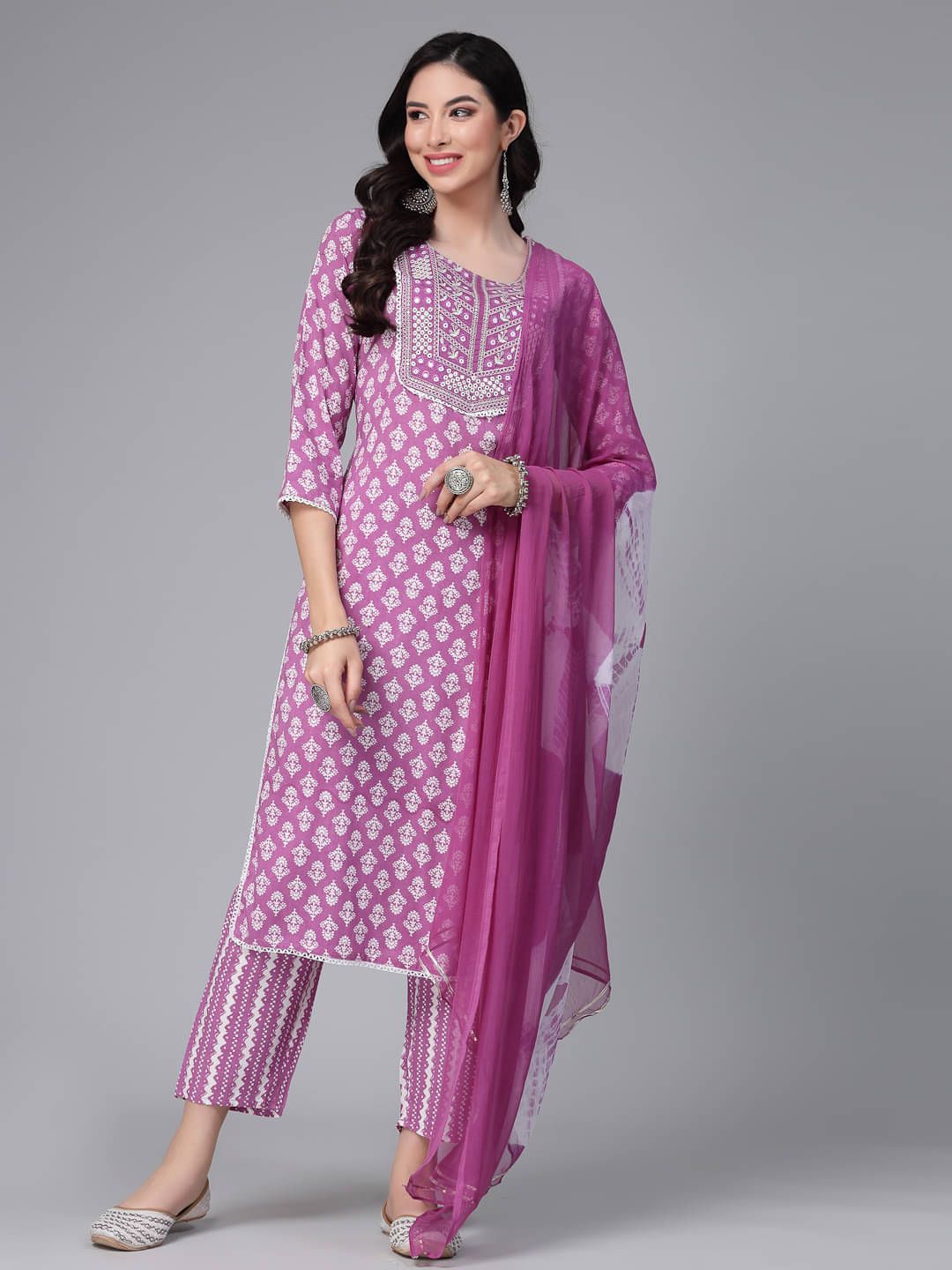    			Stylum Rayon Printed Kurti With Pants Women's Stitched Salwar Suit - Purple ( Pack of 1 )