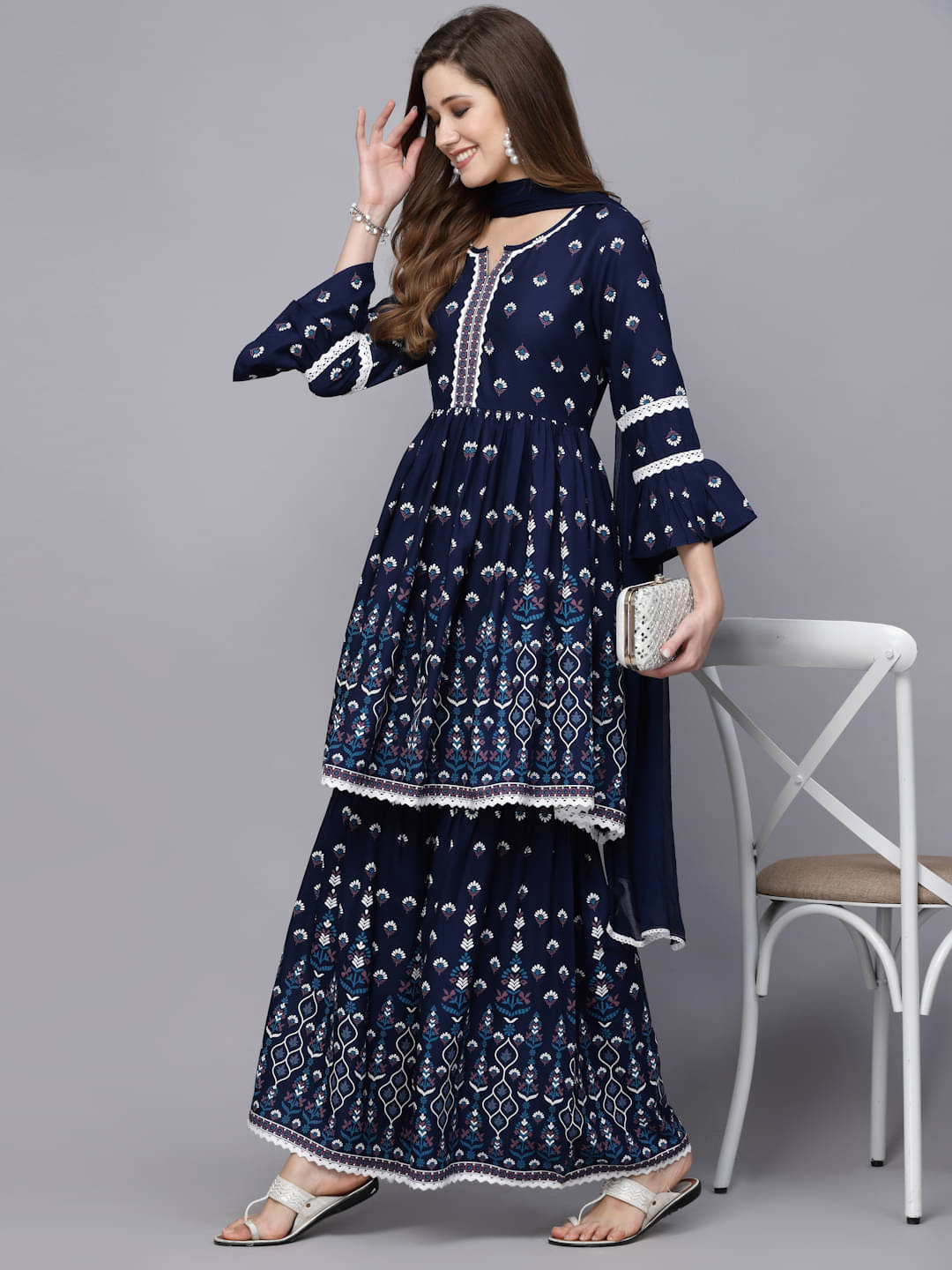 Stylum Rayon Printed Kurti With Sharara And Gharara Women's Stitched Salwar Suit - Navy Blue ( Pack of 1 )     			Stylum Rayon Printed Kurti With Sharara And Gharara Women's Stitched Salwar Suit - Navy Blue ( Pack of 1 )