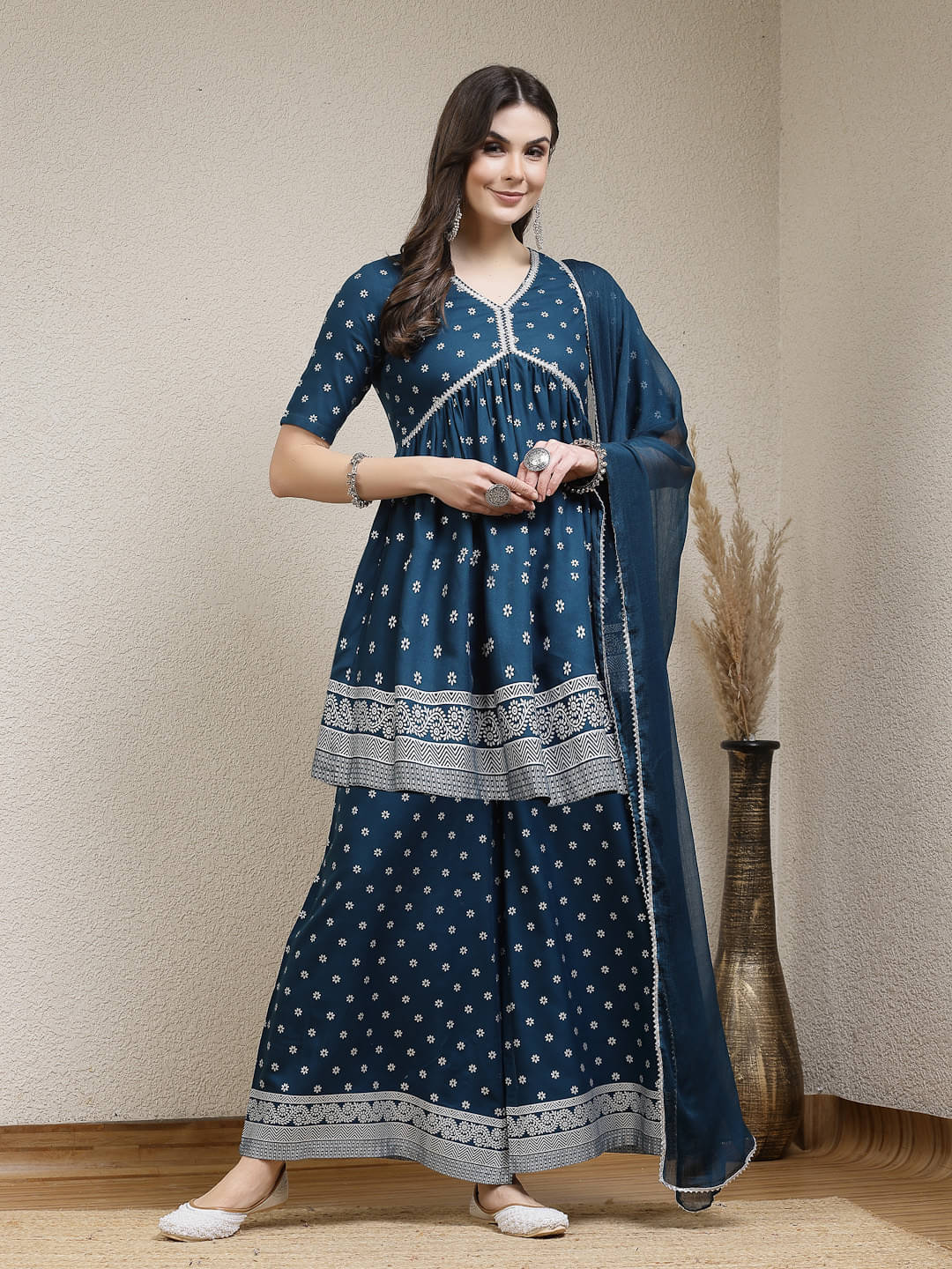Stylum Rayon Printed Kurti With Palazzo Women's Stitched Salwar Suit - Teal ( Pack of 1 ) Stylum Rayon Printed Kurti With Palazzo Women's Stitched Salwar Suit - Teal ( Pack of 1 )