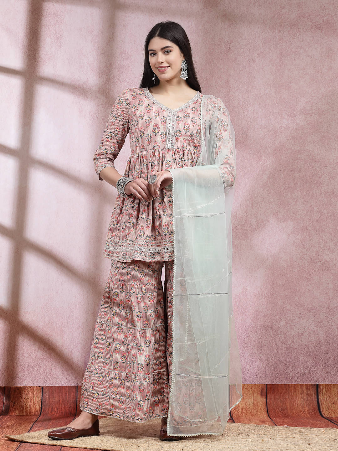 Stylum Rayon Printed Kurti With Sharara And Gharara Women's Stitched Salwar Suit - Peach ( Pack of 1 ) Stylum Rayon Printed Kurti With Sharara And Gharara Women's Stitched Salwar Suit - Peach ( Pack of 1 )