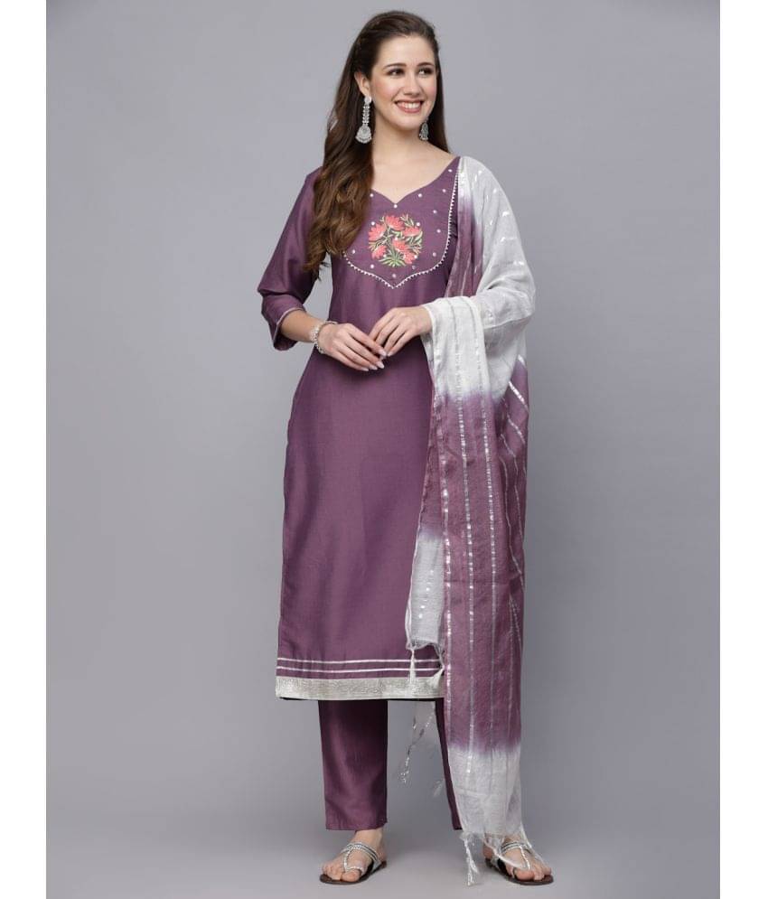 Stylum Silk Blend Embroidered Kurti With Pants Women's Stitched Salwar Suit - Mauve ( Pack of 1 ) Stylum Silk Blend Embroidered Kurti With Pants Women's Stitched Salwar Suit - Mauve ( Pack of 1 )