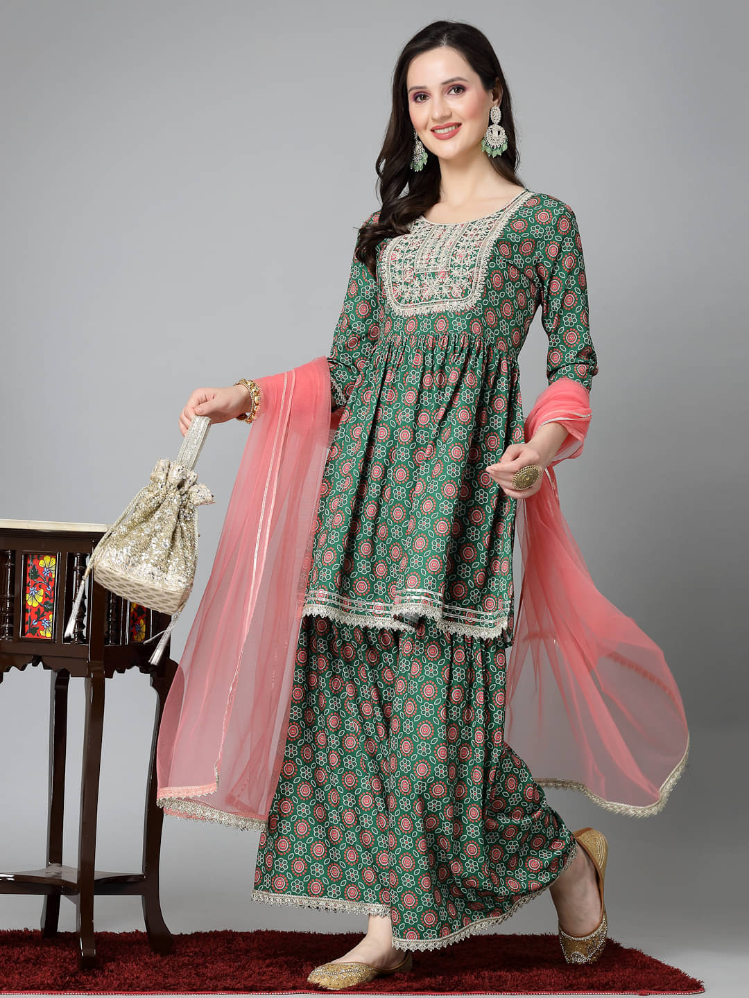     			Stylum Silk Printed Kurti With Sharara And Gharara Women's Stitched Salwar Suit - Green ( Pack of 1 )