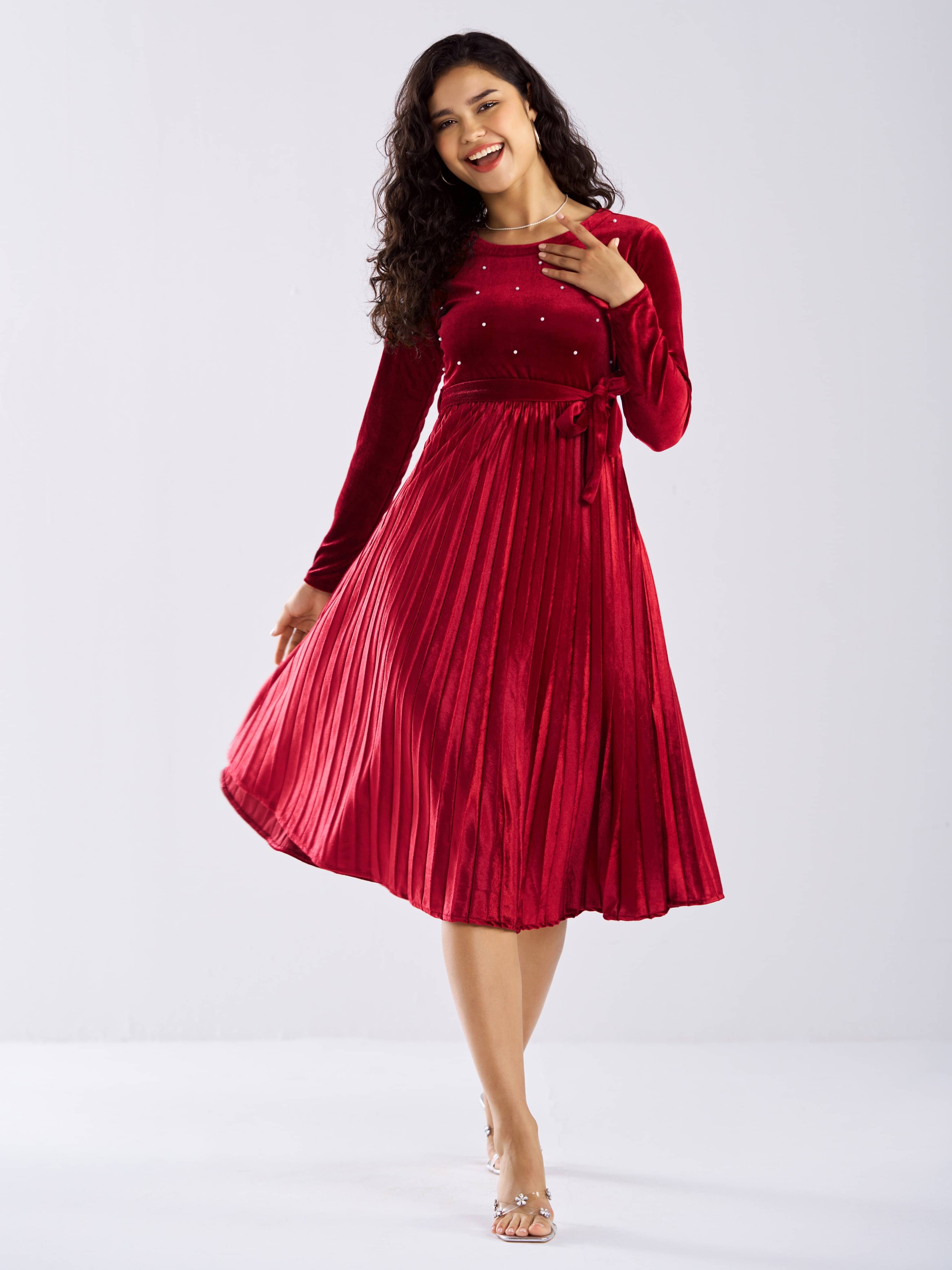 aask Women Velvet Solid Fit & Flare Dress ( Maroon ) aask Women Velvet Solid Fit & Flare Dress ( Maroon )
