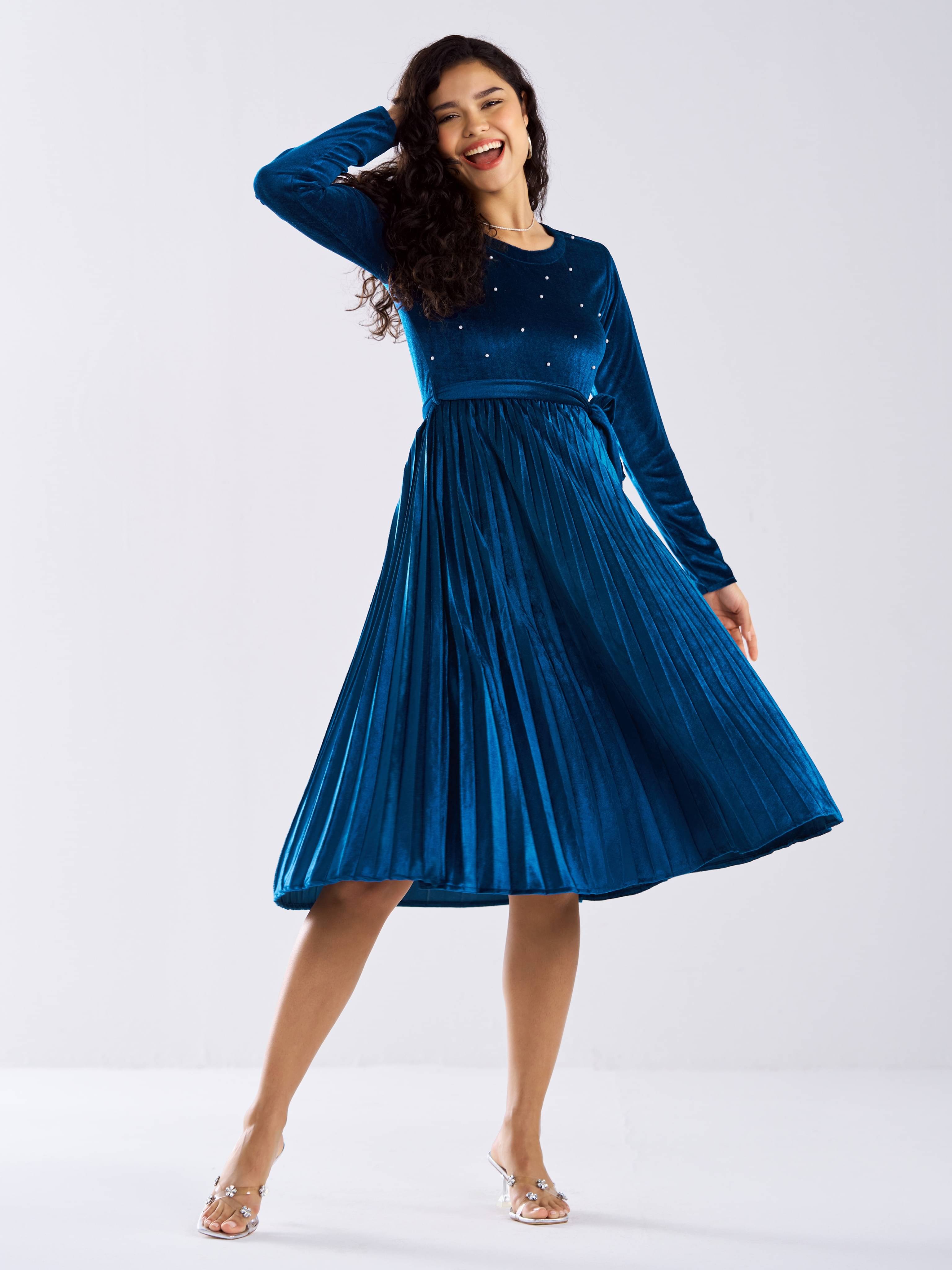 aask Women Velvet Solid Fit & Flare Dress ( Teal ) aask Women Velvet Solid Fit & Flare Dress ( Teal )