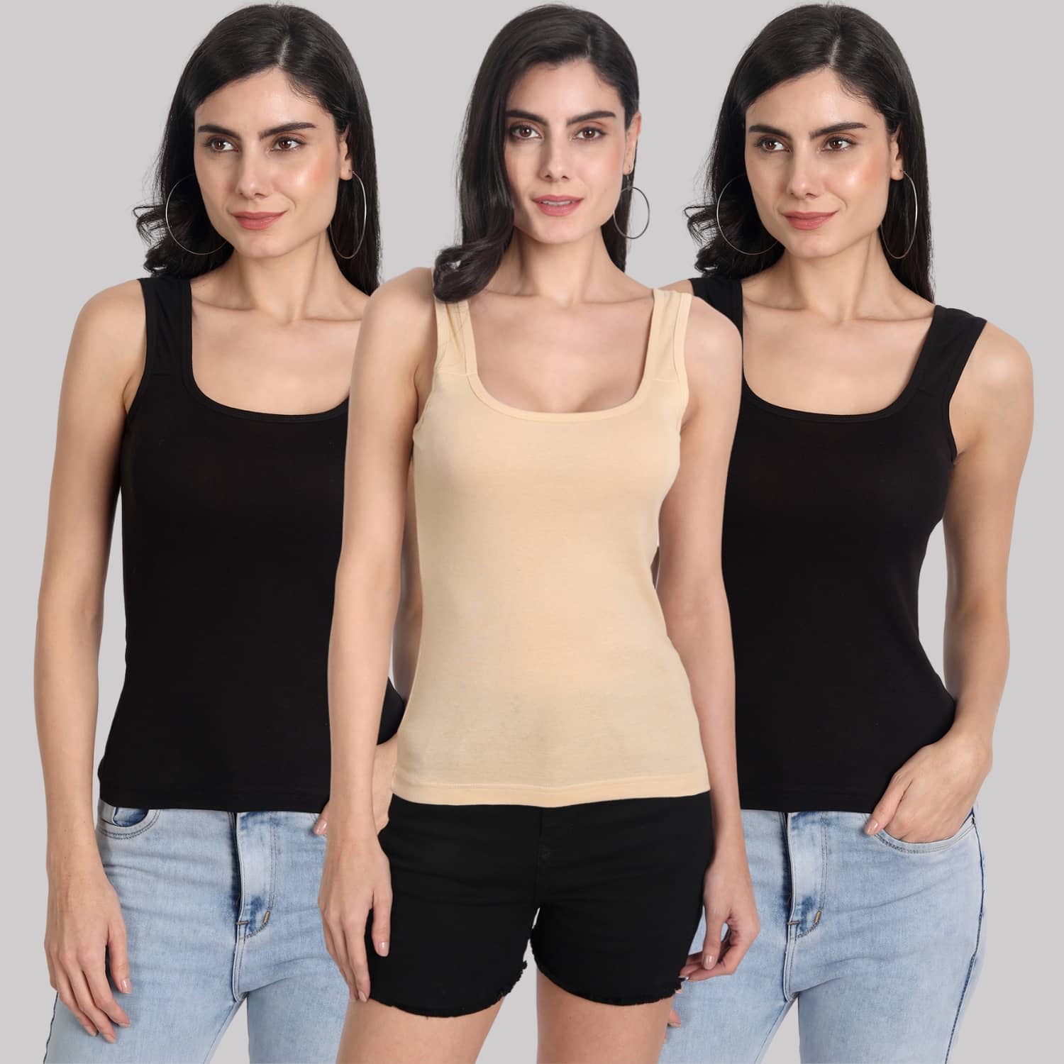 AIMLY Cotton Camisoles - Black Pack of 3