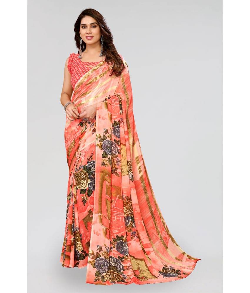 ANAND SAREES Georgette Printed Saree With Unstitched Blouse Piece ( Peach ) ANAND SAREES Georgette Printed Saree With Unstitched Blouse Piece ( Peach )