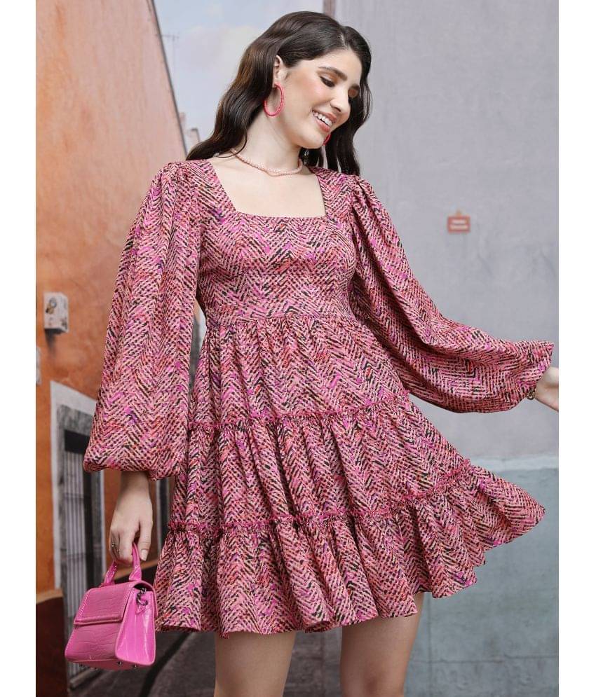 Ketch Women Polyester Printed Fit & Flare Dress ( Pink )     			Ketch Women Polyester Printed Fit & Flare Dress ( Pink )