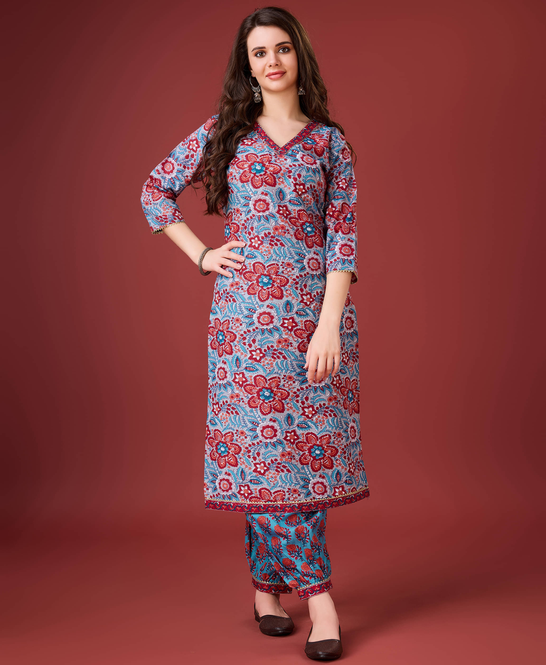     			MOJILAA Cotton Printed Kurti With Salwar Women's Stitched Salwar Suit - Blue ( Pack of 1 )