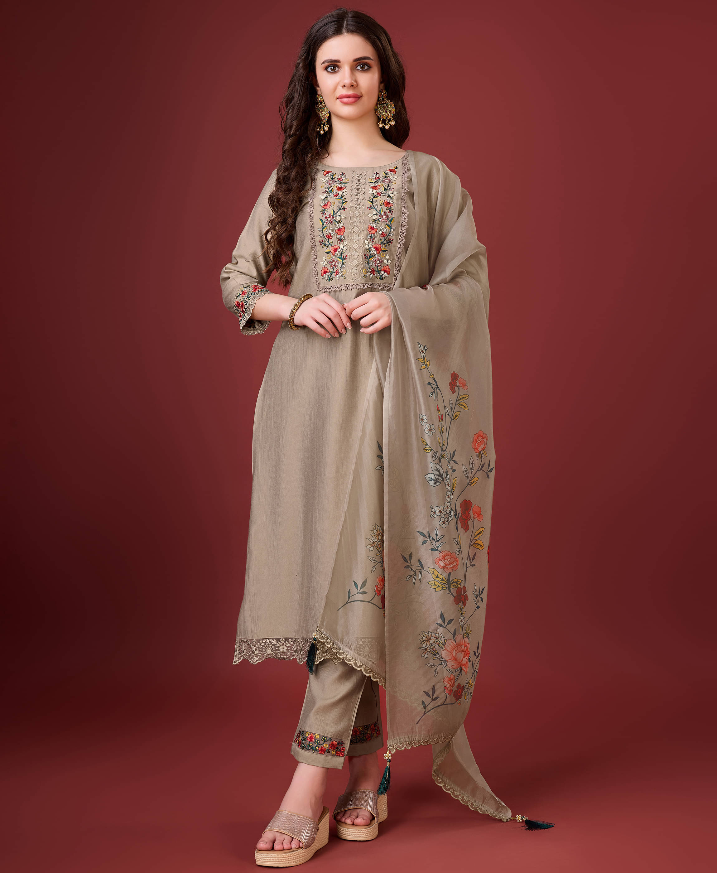MOJILAA Viscose Embroidered Kurti With Pants Women's Stitched Salwar Suit - Bronze ( Pack of 1 ) MOJILAA Viscose Embroidered Kurti With Pants Women's Stitched Salwar Suit - Bronze ( Pack of 1 )
