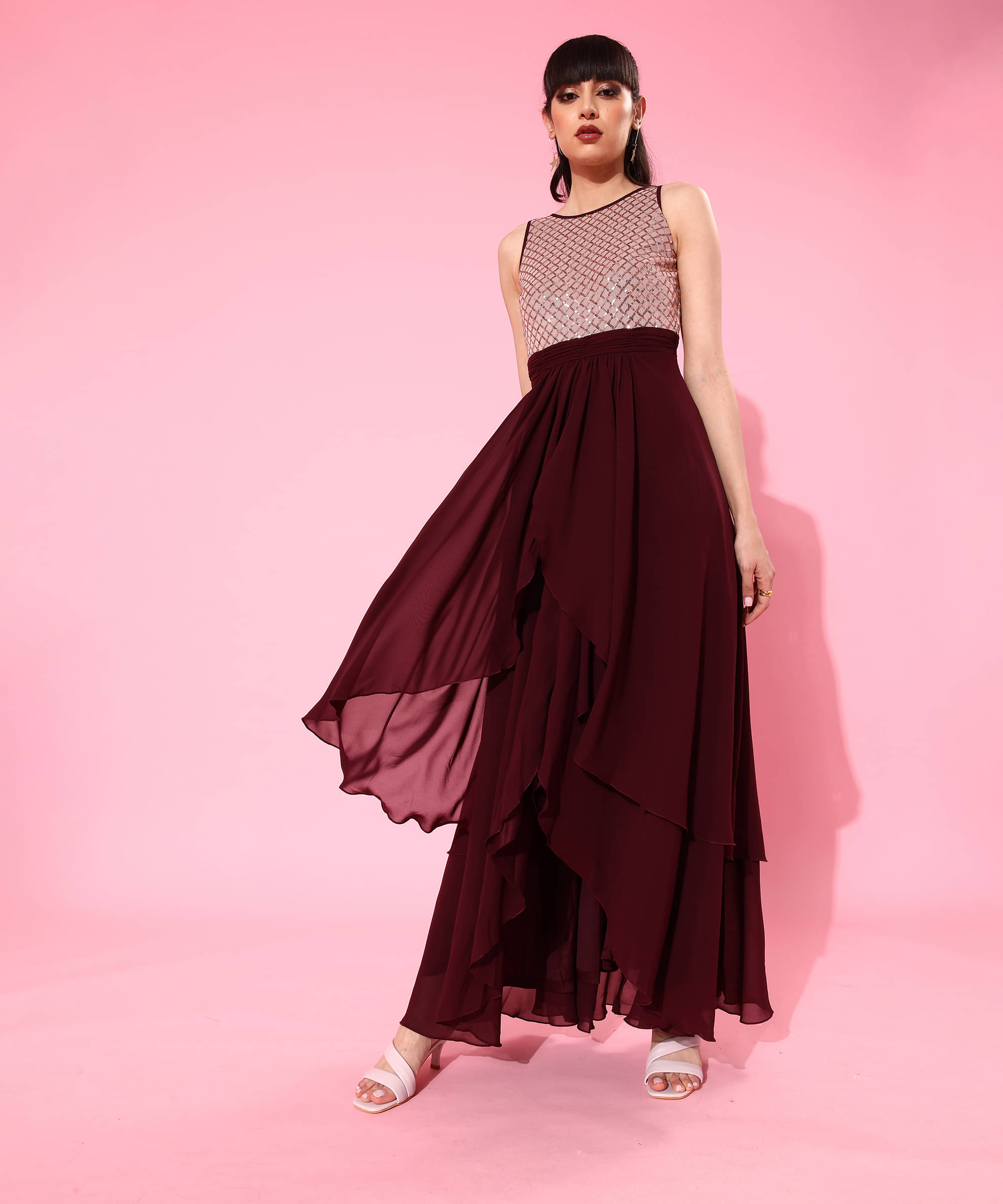     			Miss Chase Women Georgette Embellished Asymmetric Dress ( Maroon )