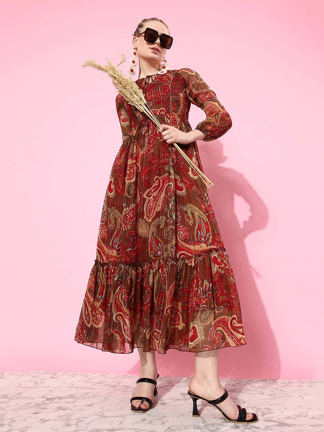 Miss Chase Women Polyester Printed Fit & Flare Dress ( Brown ) Miss Chase Women Polyester Printed Fit & Flare Dress ( Brown )