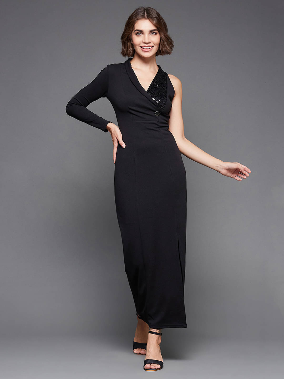 Miss Chase Women Polyester Solid Side Slit Dress ( Black ) Miss Chase Women Polyester Solid Side Slit Dress ( Black )