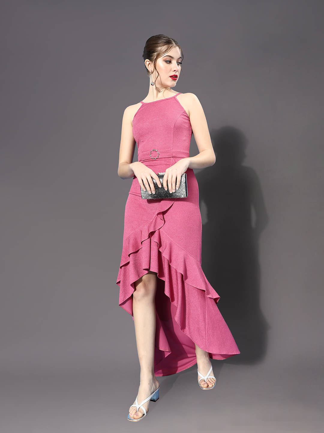     			Miss Chase Women Polyester Solid Asymmetric Dress ( Pink )