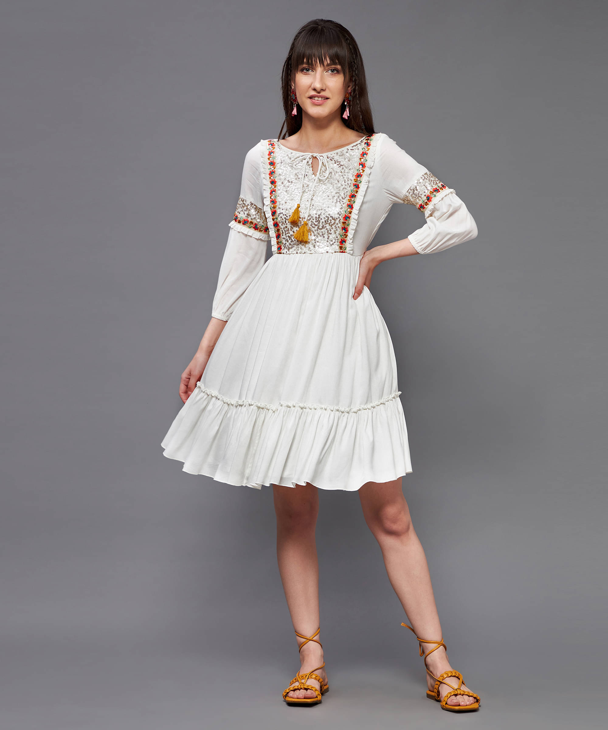 Miss Chase Women Rayon Embellished Fit & Flare Dress ( Off White ) Miss Chase Women Rayon Embellished Fit & Flare Dress ( Off White )