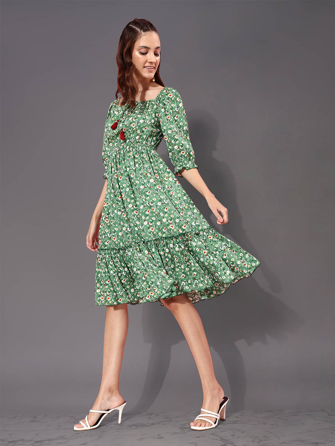 Miss Chase Women Rayon Printed Fit & Flare Dress ( Green ) Miss Chase Women Rayon Printed Fit & Flare Dress ( Green )